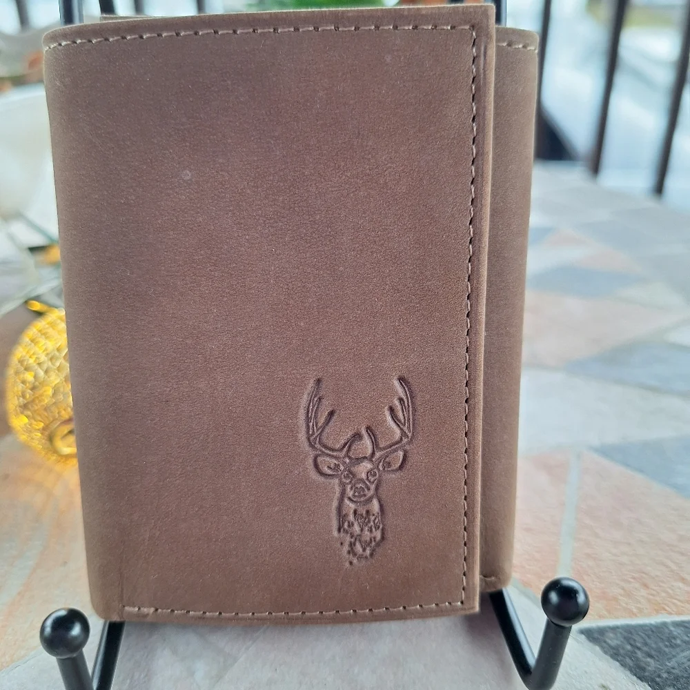 Brown Genuine Leather Trifold Wallet with Deer Embossing